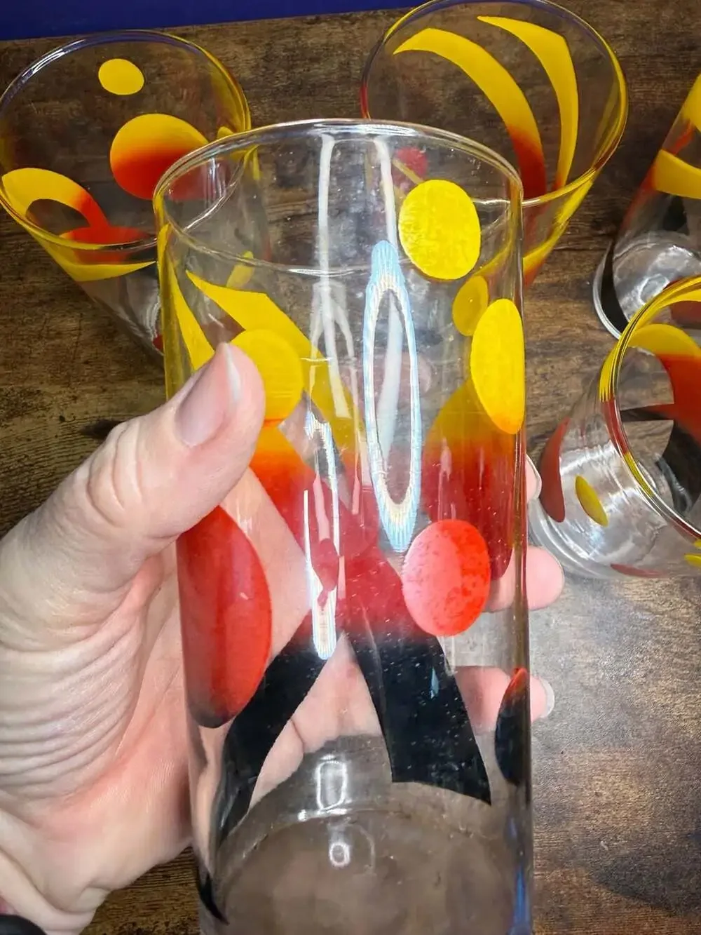 Vintage Mid-Century Modern Ombre Polka Dot and Swirl Drinking Glasses Set of 5